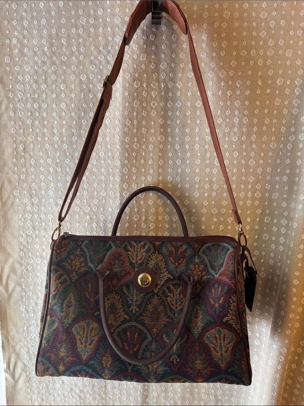 DVF Tapestry Satchel with Brown Trim